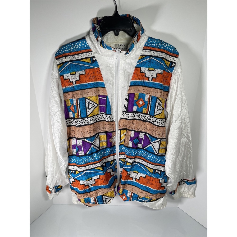 Vintage 90s Laura Katherine Full Zip Multi-Color Lined Windbreaker Sz S Aztec